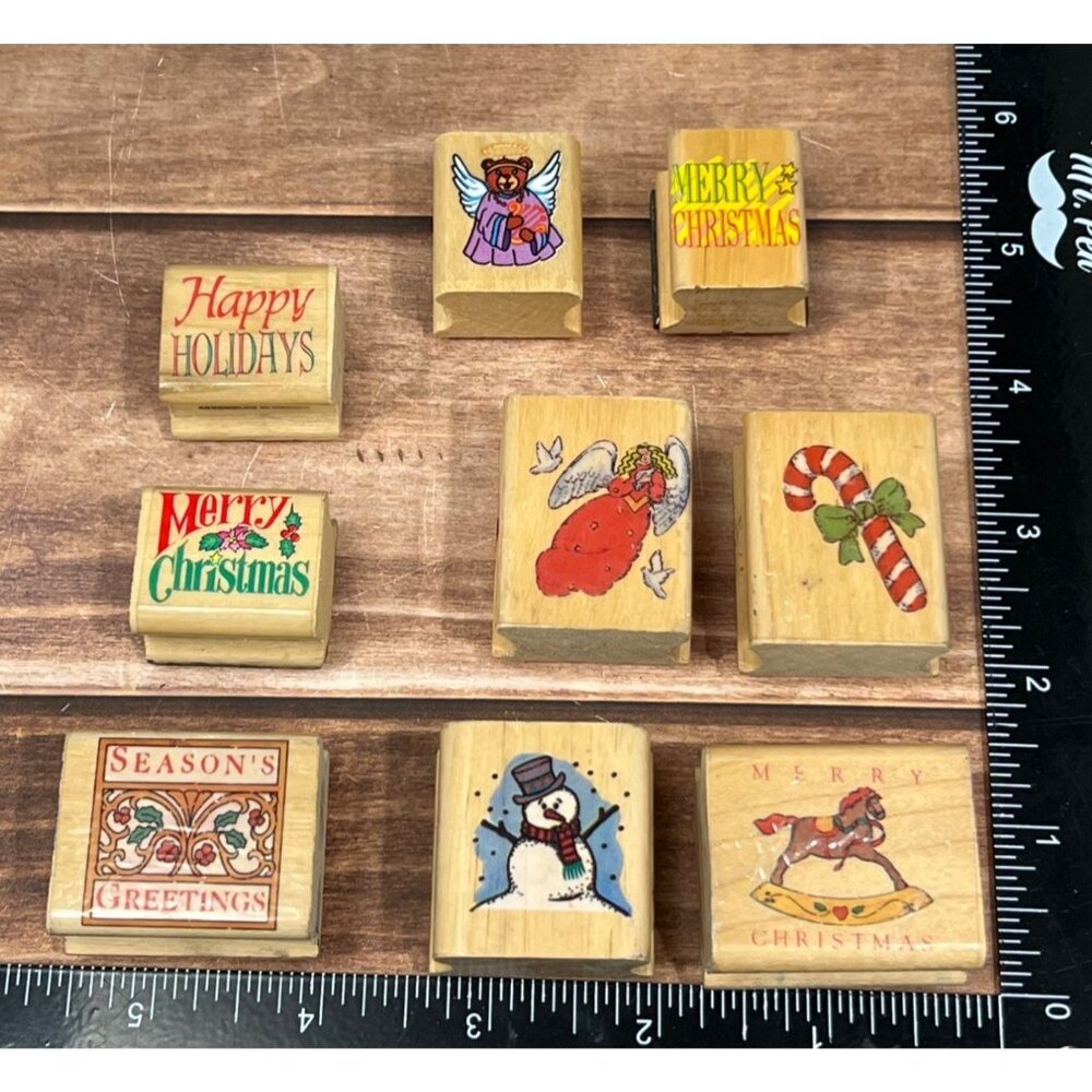 LOT OF 9 VINTAGE NOTEWORTHY CHRISTMAS WOOD MOUNTED RUBBER STAMPS HOLIDAY ANGEL